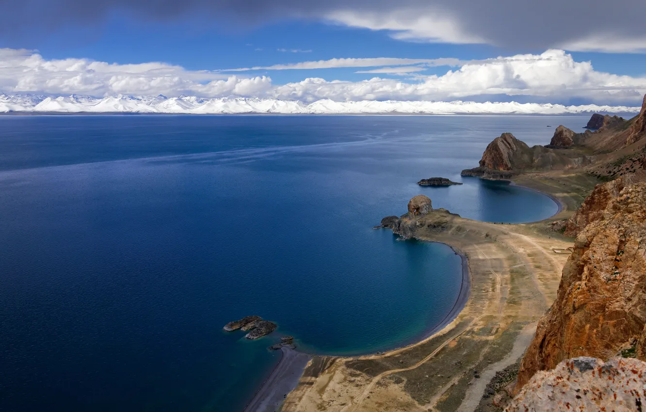 Photo wallpaper sea, mountains, rocks, shore, snow, mountain range