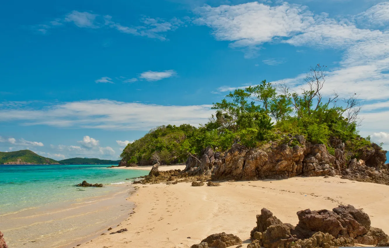 Photo wallpaper sand, sea, the sky, clouds, trees, rocks, shore