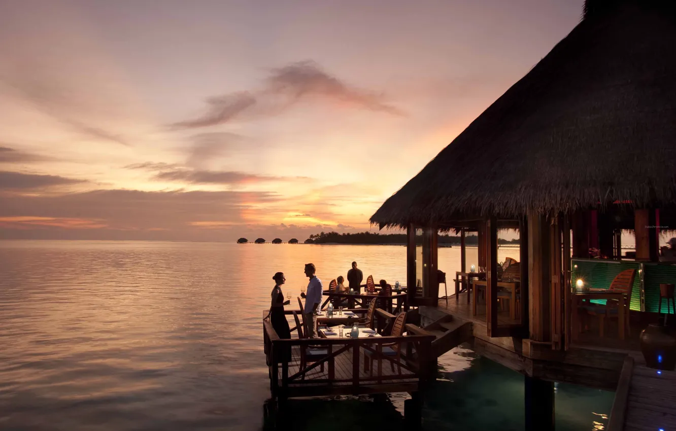 Photo wallpaper sunset, the ocean, the evening, restaurant, The Maldives, resort