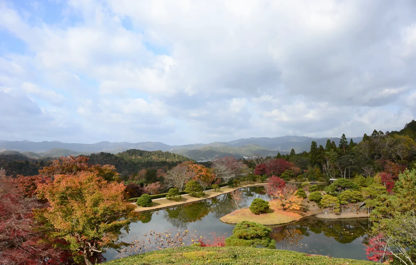 Photo wallpaper autumn, lake, Park, hills, space