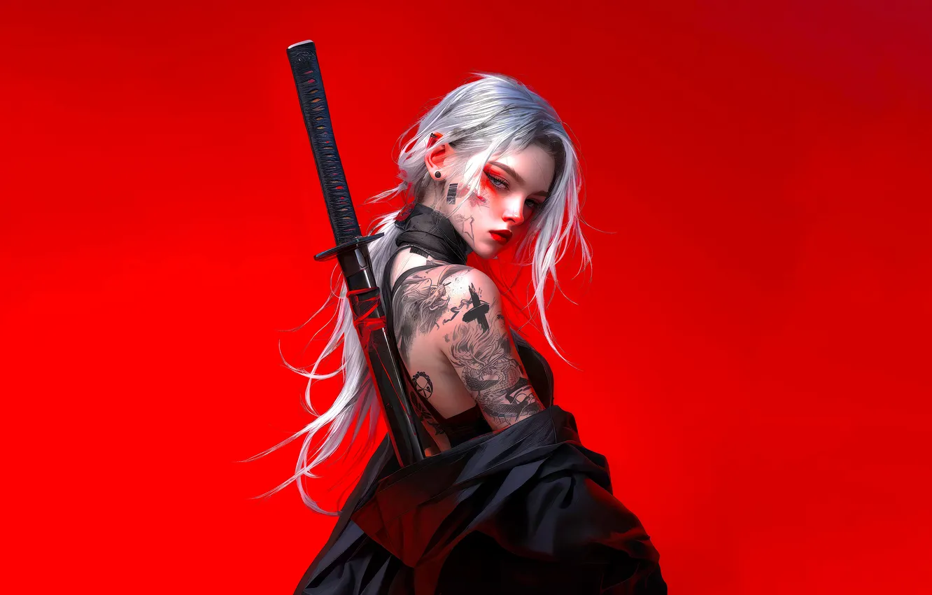 Photo wallpaper girl, sword, fantasy, blue eyes, katana, samurai, digital art, artwork