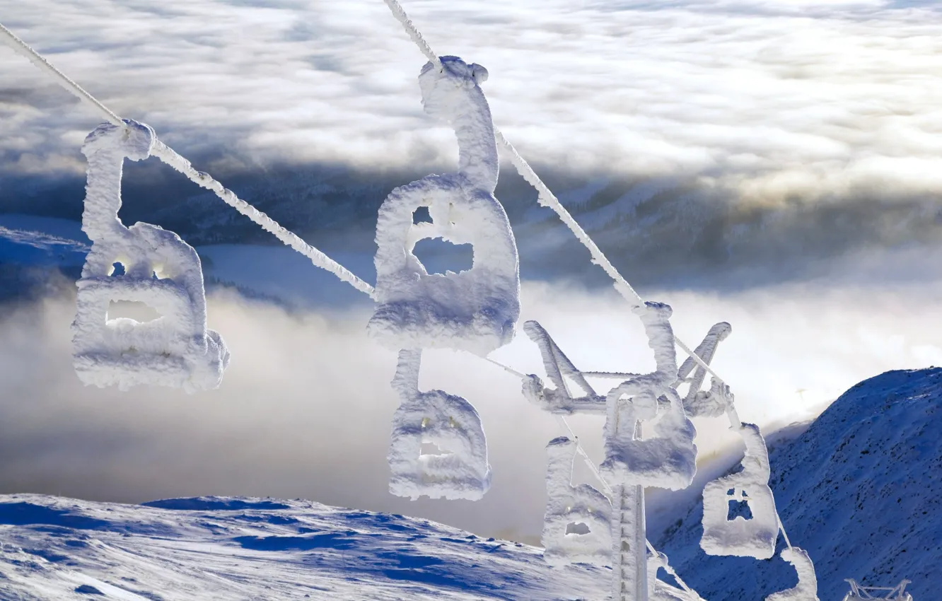 Photo wallpaper winter, snow, fog, Sweden, The Scandinavian mountains, mount åreskutan, ski lift, len Jämtland County