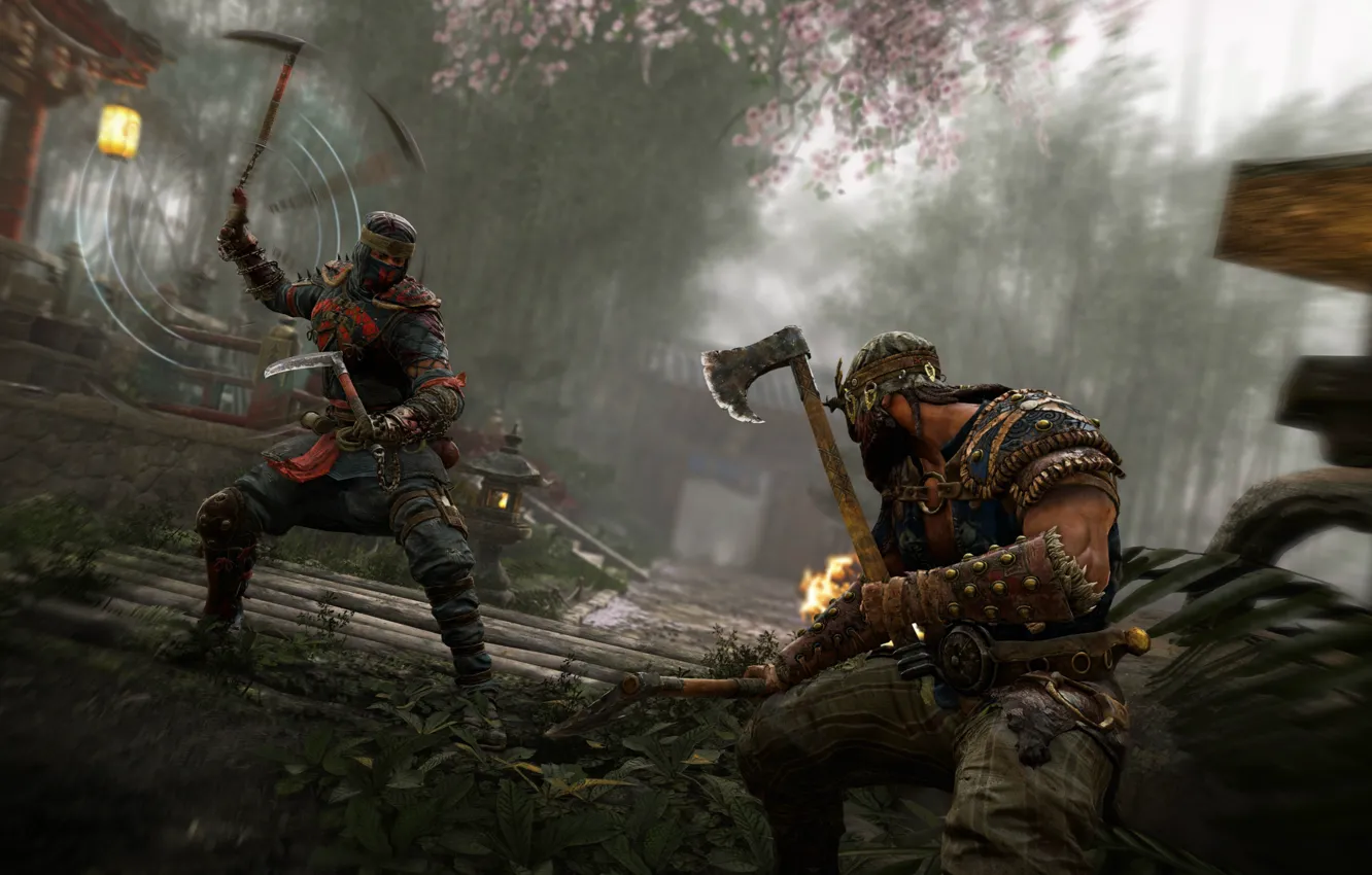 Photo wallpaper axe, game, armor, weapon, samurai, Viking, For Honor, japonese