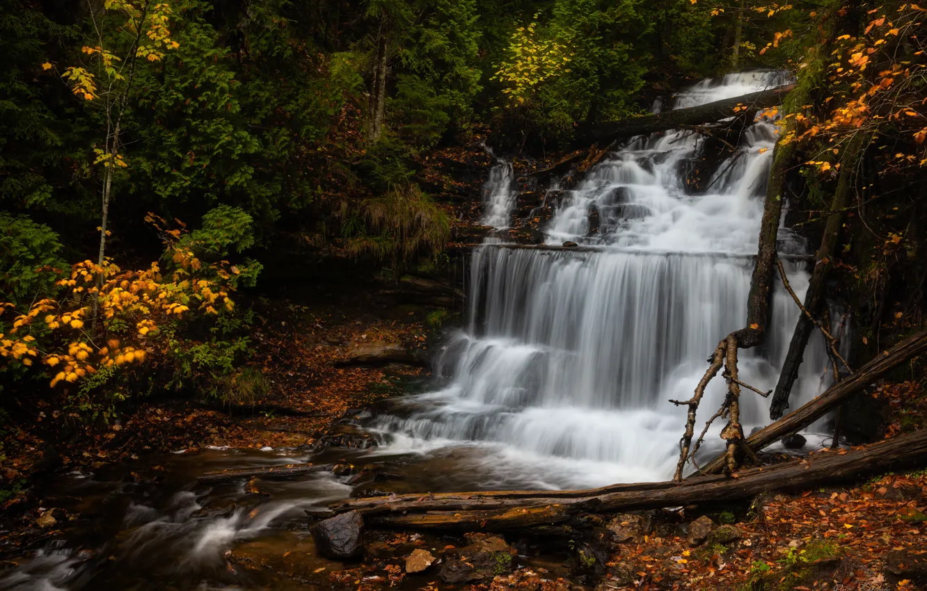 Photo wallpaper autumn, forest, waterfall, Michigan, cascade, Michigan, Wagner Falls, Wagner Waterfall