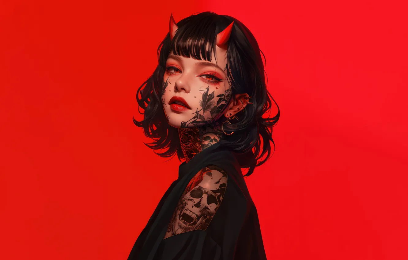 Photo wallpaper girl, tattoo, horn, anime girl, AI Generated