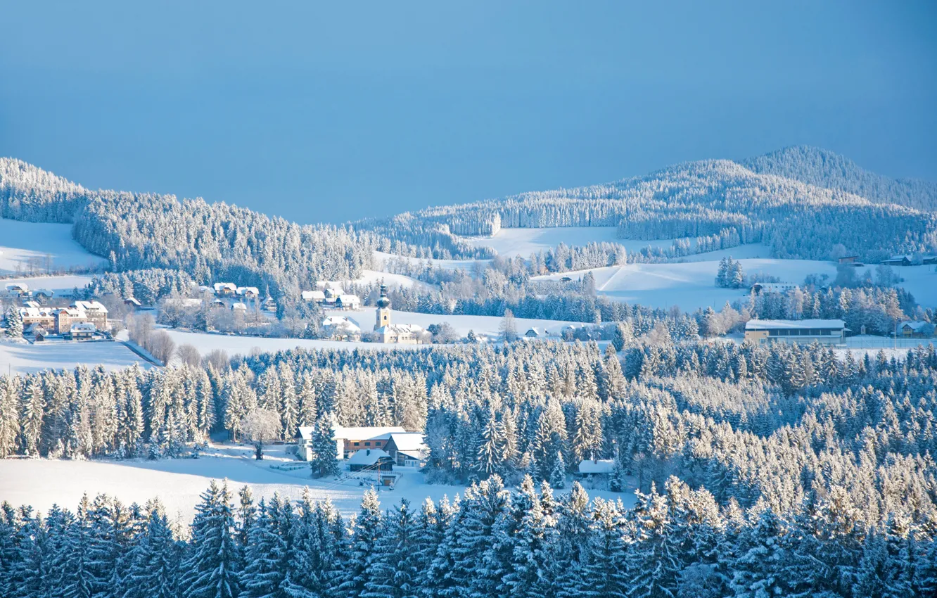 Photo wallpaper winter, forest, the sky, light, snow, landscape, mountains, hills