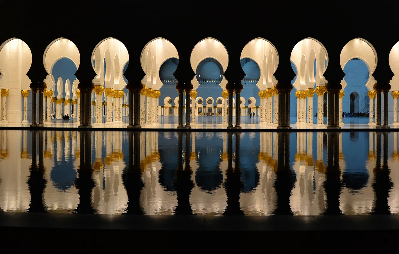 Photo wallpaper water, lights, the evening, lighting, arch, columns, mosque, architecture