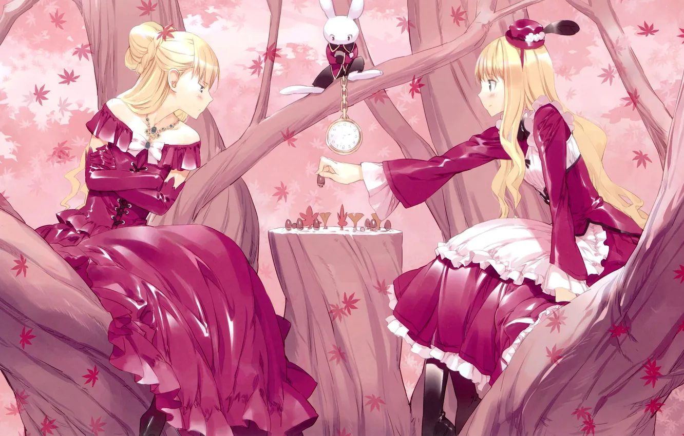Photo wallpaper rabbit, chess, Alice in Wonderland, two, pink dress, anime girl, alice in woderland