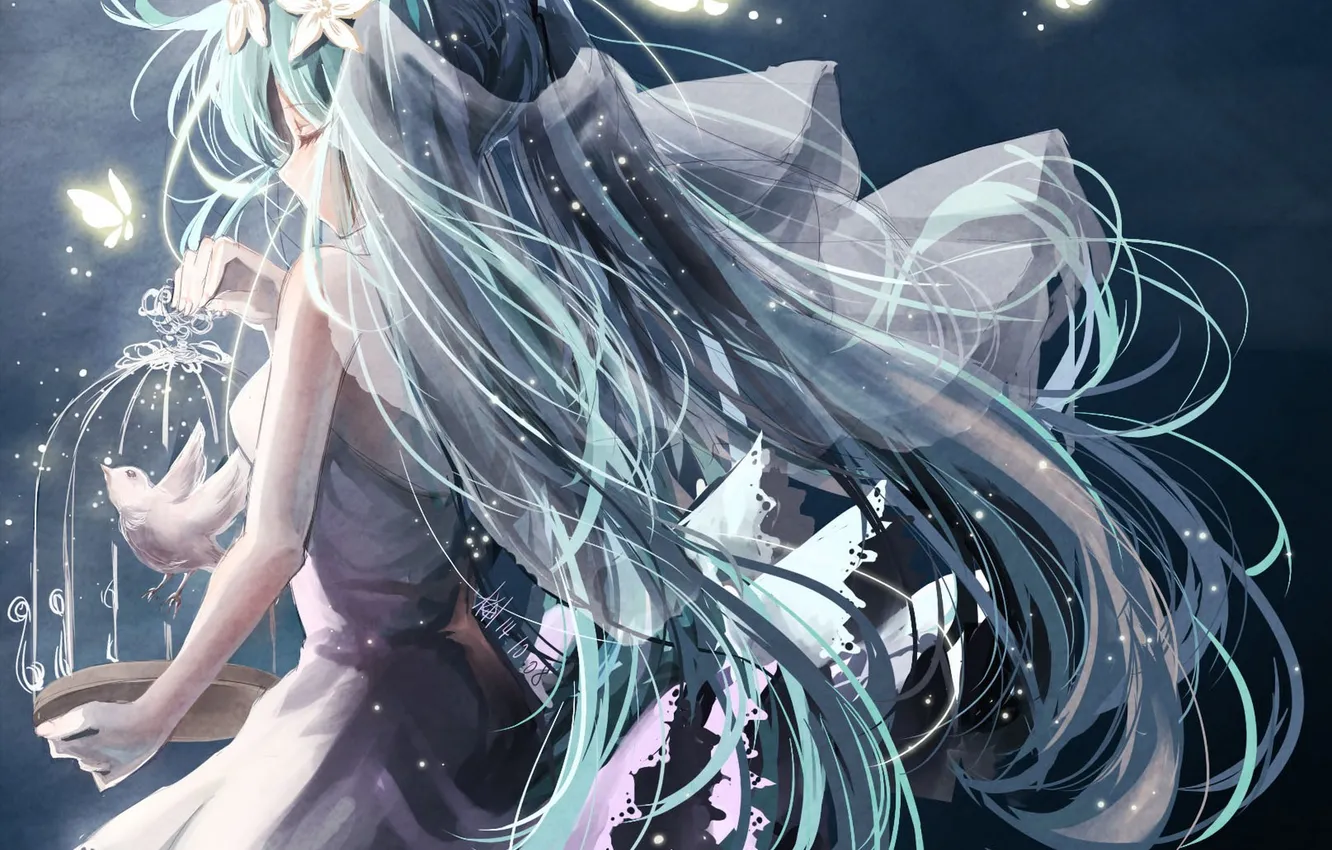 Photo wallpaper girl, flowers, bird, butterfly, cell, anime, art, vocaloid