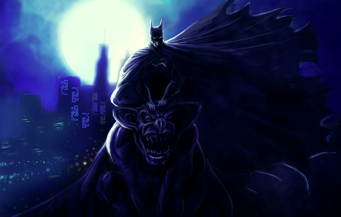 Photo wallpaper look, night, the city, mask, costume, statue, cloak, Batman