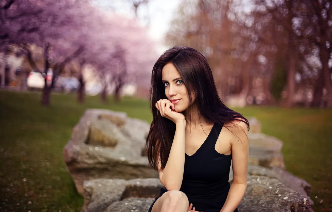 Photo wallpaper girl, trees, nature, street, blur, spring, brunette, long hair