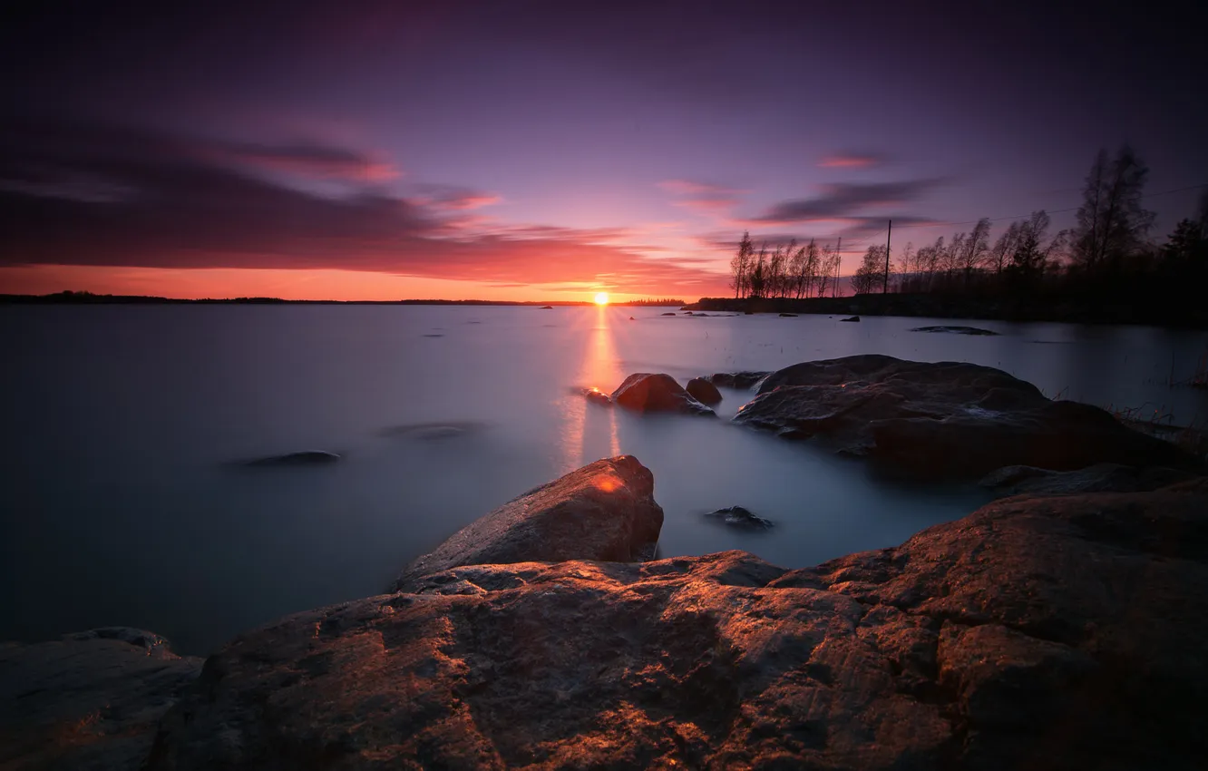 Photo wallpaper water, the sun, sunset, stones, the evening, Finland