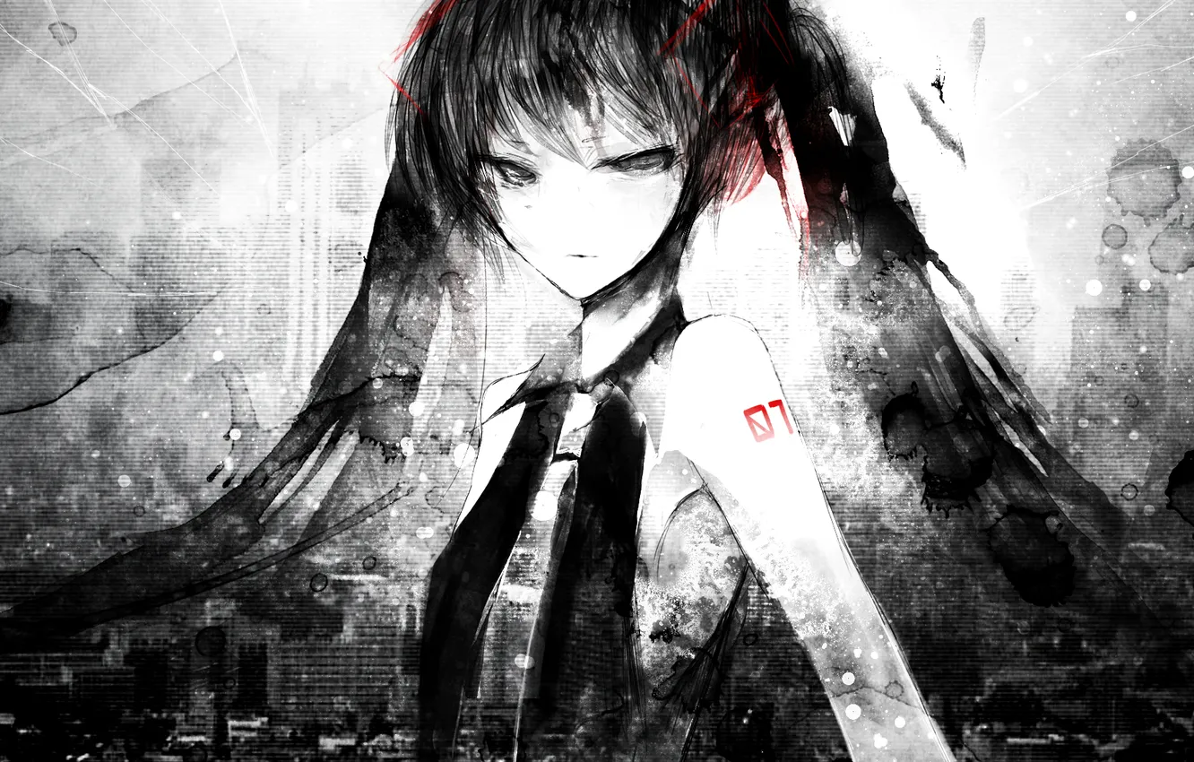 Photo wallpaper paint, black and white, vocaloid, Hatsune Mike