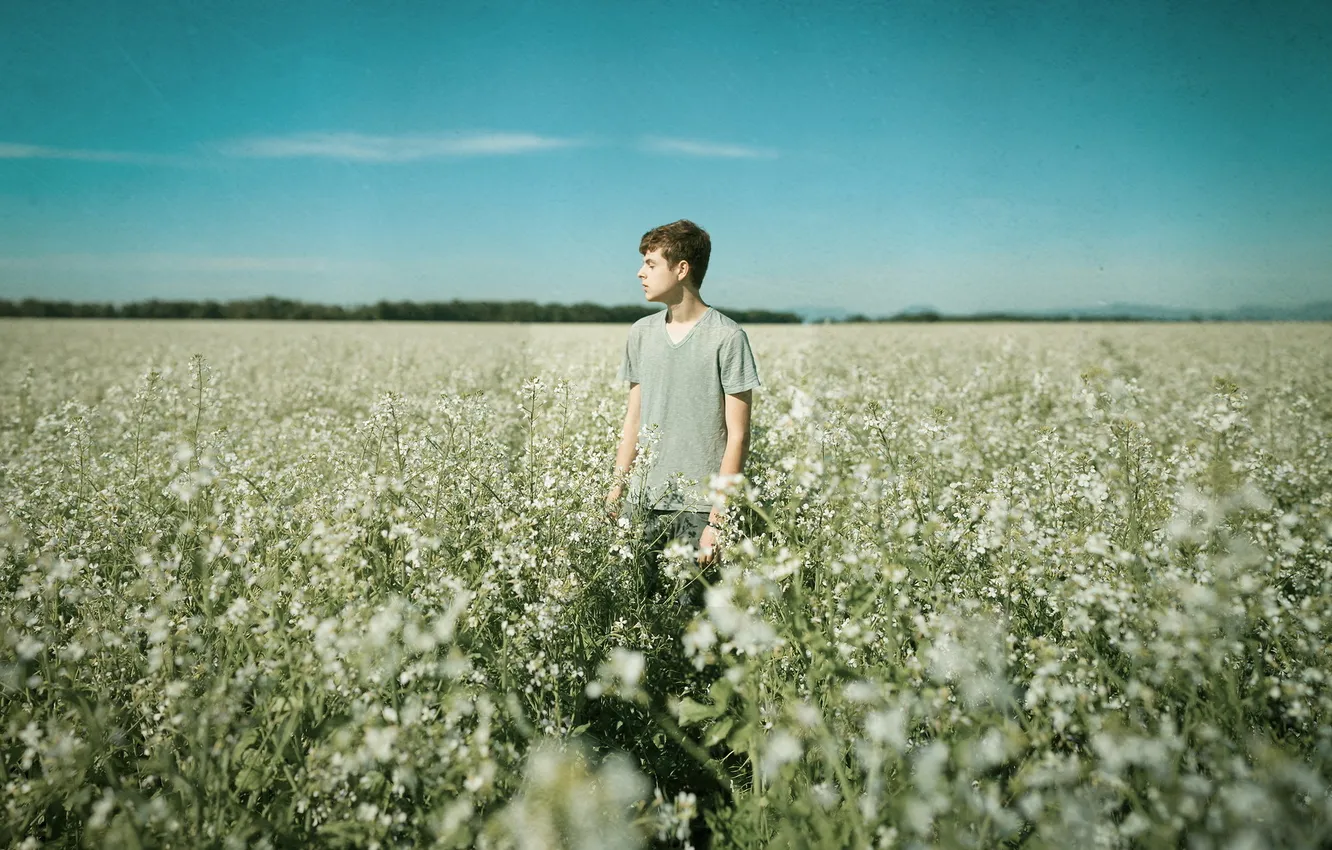 Photo wallpaper field, the sky, style, mood, guy