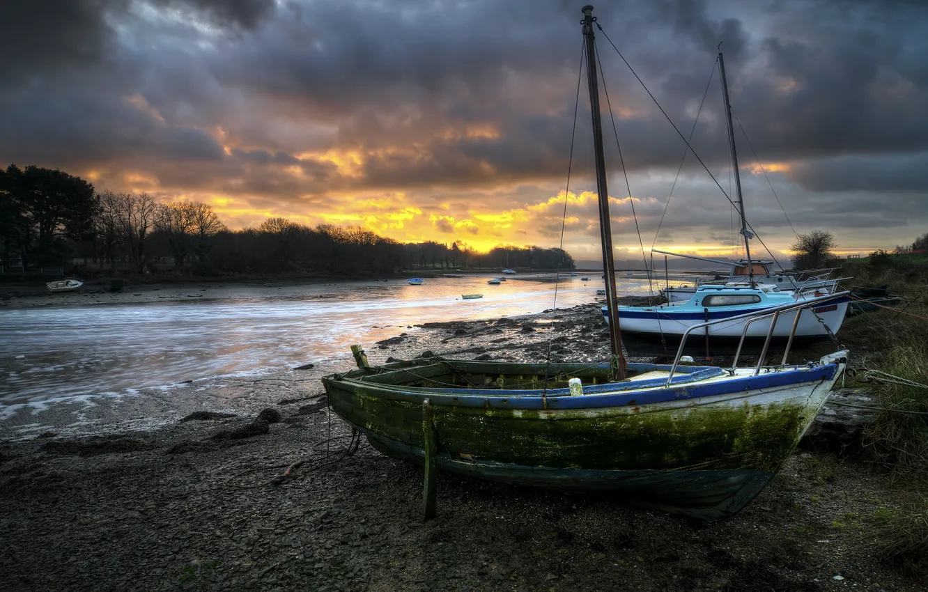 Photo wallpaper landscape, sunset, river, boats