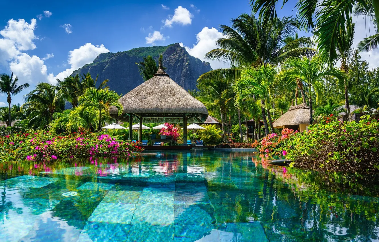 Photo wallpaper clouds, mountains, palm trees, pool, gazebo, blue sky