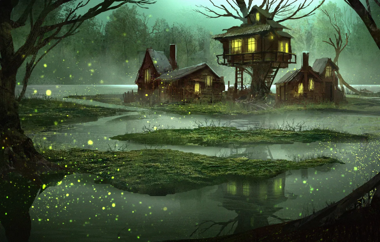 Photo wallpaper forest, water, house, fantasy, swamp, tale, the evening, art