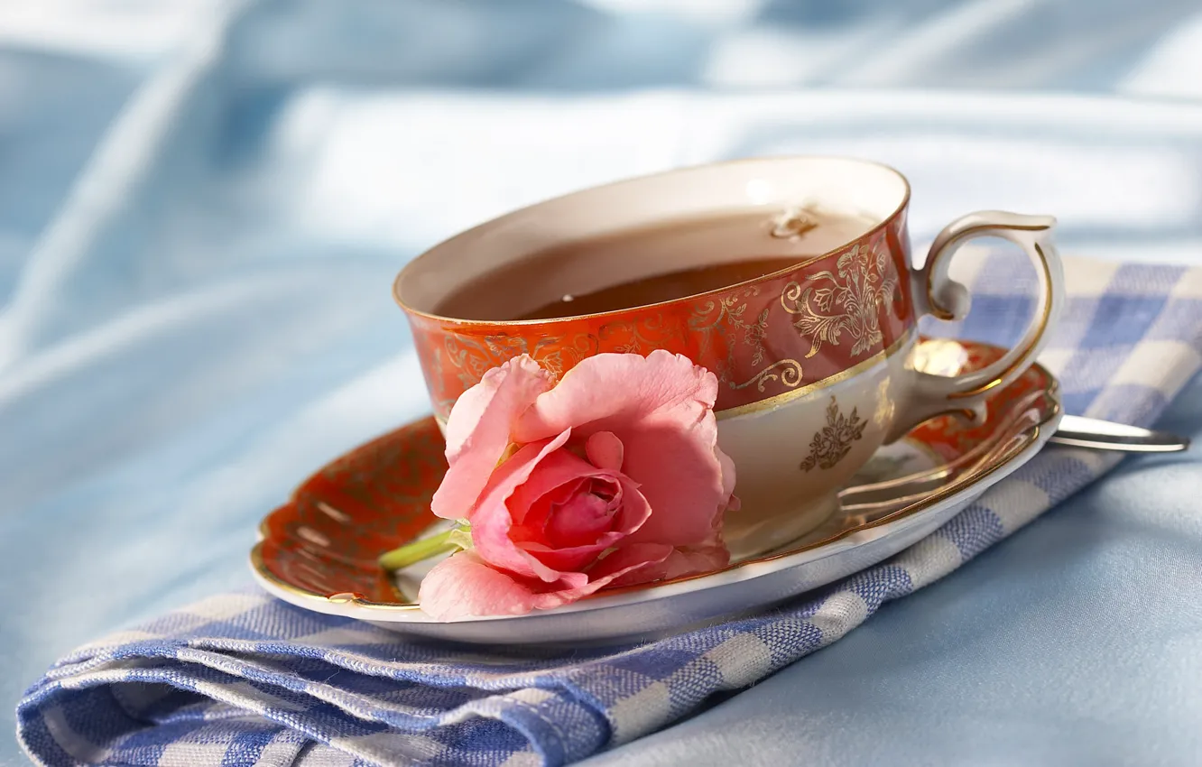 Photo wallpaper flower, tea, rose, the tea party, Cup, napkin
