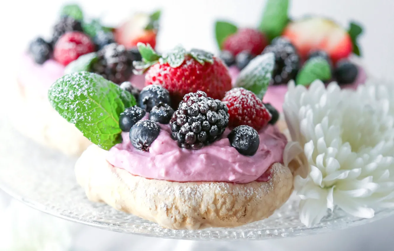 Photo wallpaper berries, mint, cream, dessert, meringue