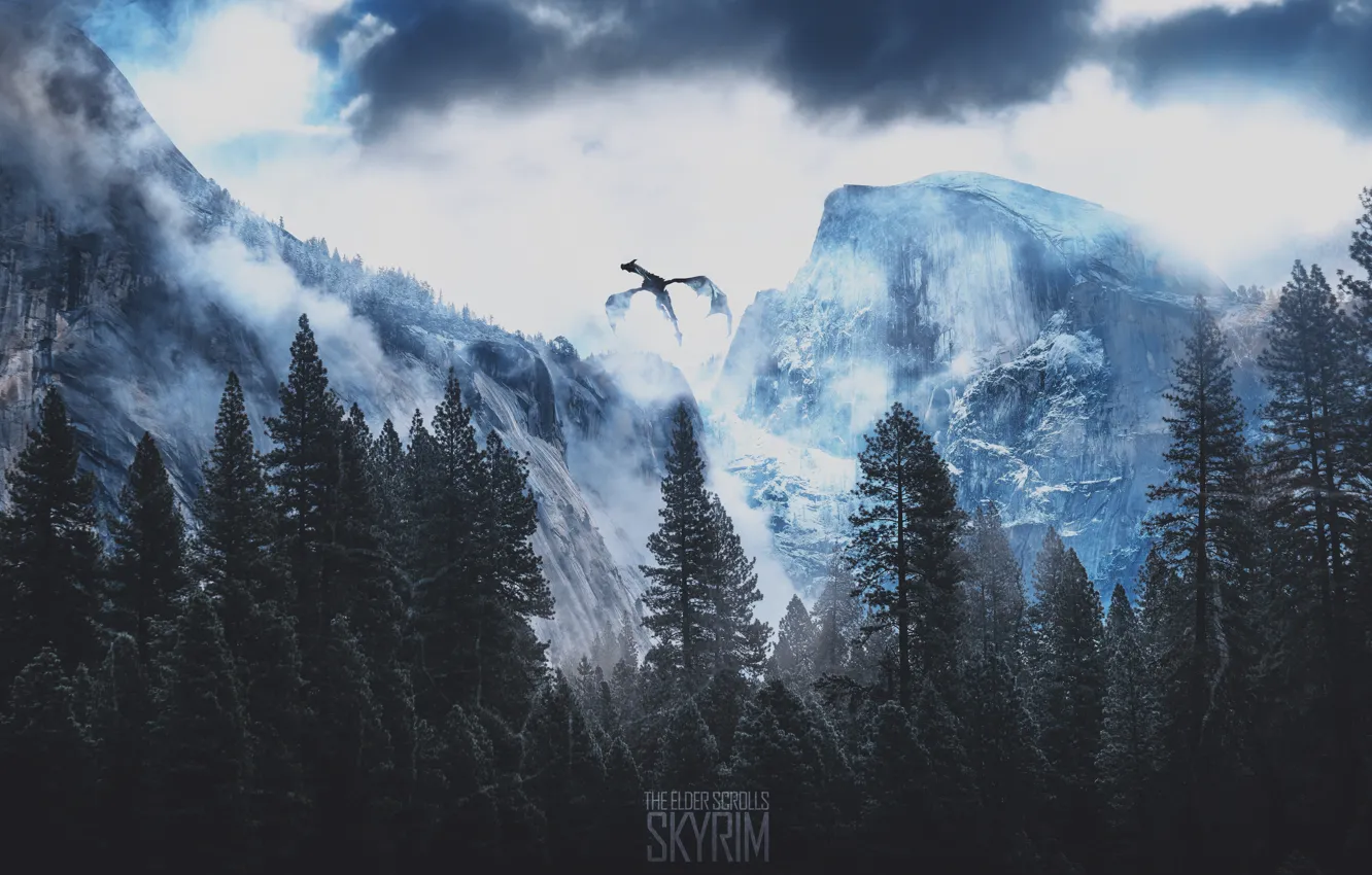Photo wallpaper the game, The sky, Mountains, Forest, Wallpaper, forest, skyrim, Game