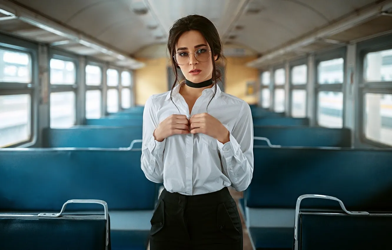 Photo wallpaper girl, blouse, beautiful, brunette, glasses, cute