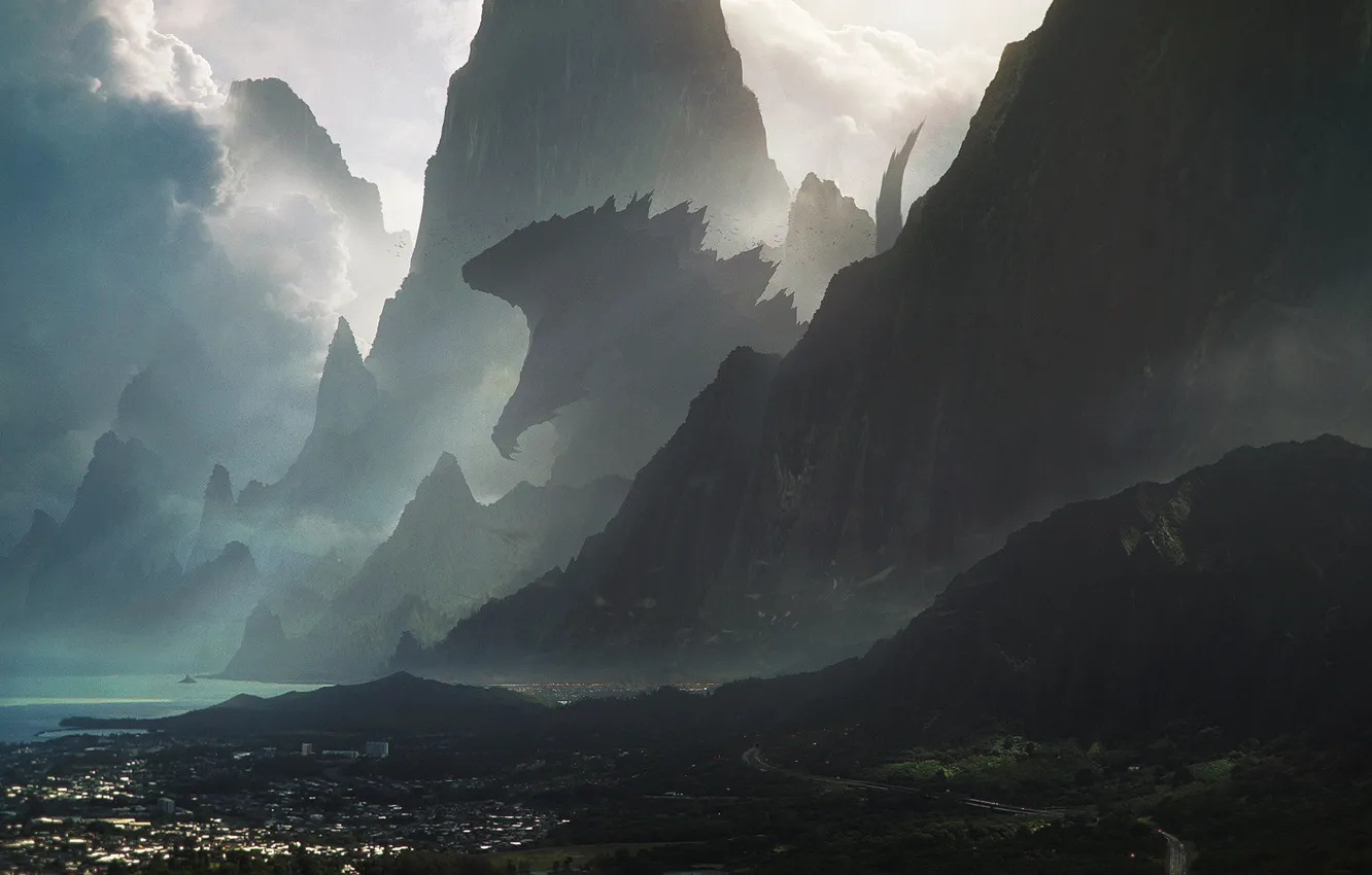Photo wallpaper mountains, the city, fiction, rocks, monster, giant, hawaii, godzilla