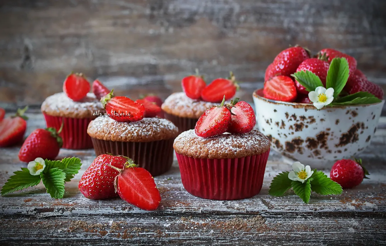 Photo wallpaper strawberry, cakes, cupcakes, powdered sugar