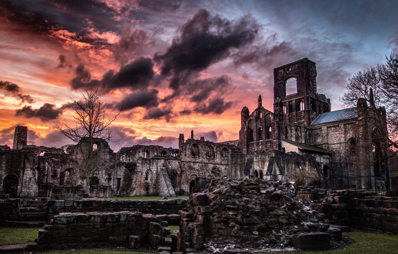 Photo wallpaper the sky, clouds, sunset, the evening, UK, ruins, architecture, the monastery