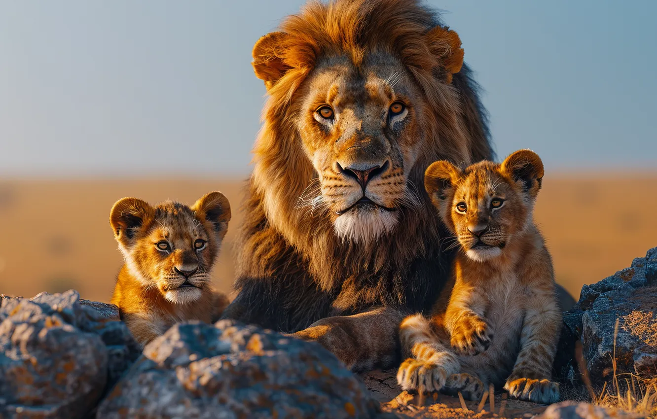 Photo wallpaper predator, Leo, baby, cub, three, big cats, AI art, The Art of Artificial Intelligence