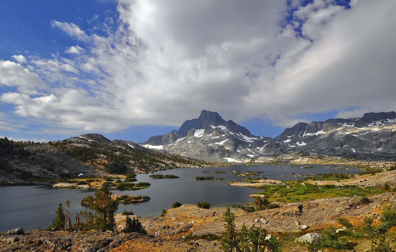 Photo wallpaper the sky, clouds, snow, trees, mountains, lake, island