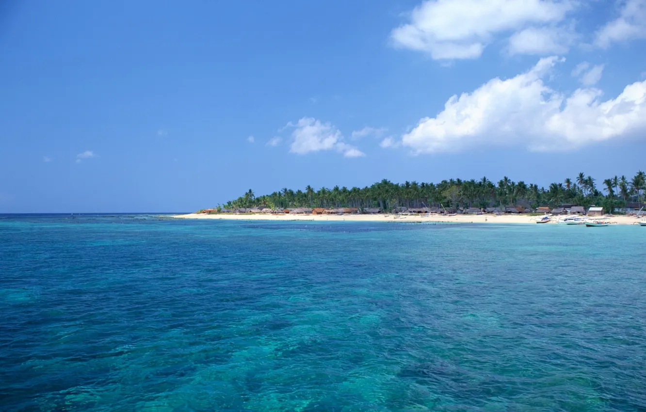 Photo wallpaper sea, clouds, island, hut