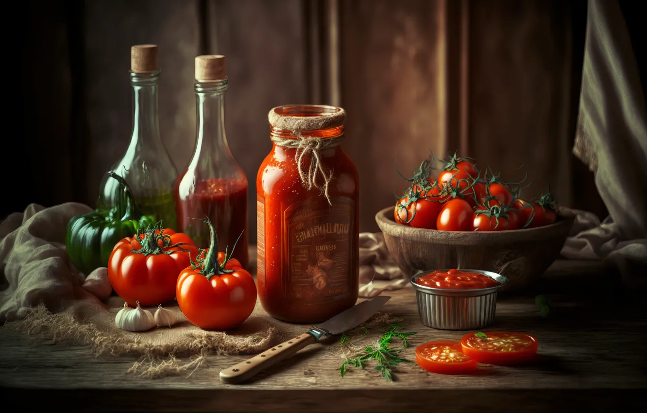 Photo wallpaper greens, table, Board, graphics, bottle, towel, knife, Bank