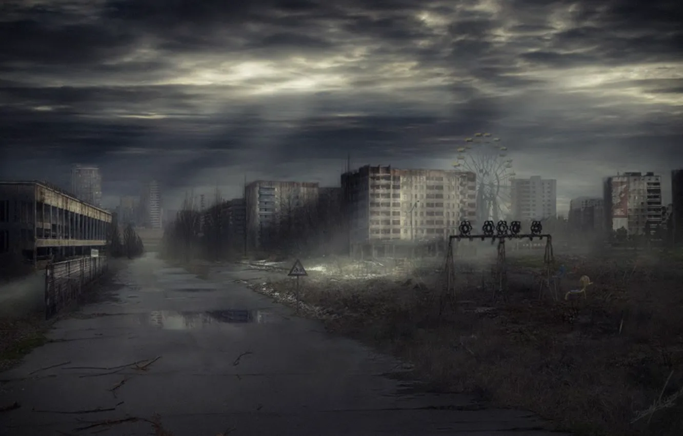 Photo wallpaper road, night, the city, Pripyat, Ukraine