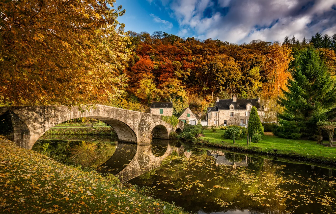 Photo wallpaper house, river, bridge, autumn, countryside, foliage