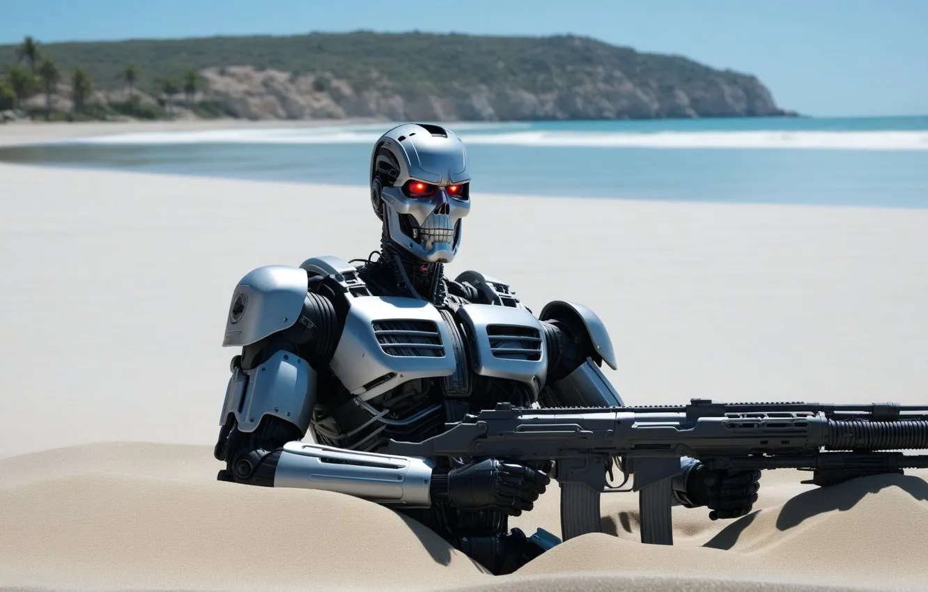 Photo wallpaper sand, weapons, robot, terminator