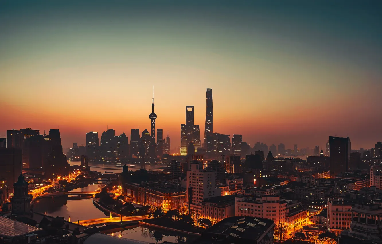 Photo wallpaper city, lights, China, Shanghai, twilight, river, sky, sea