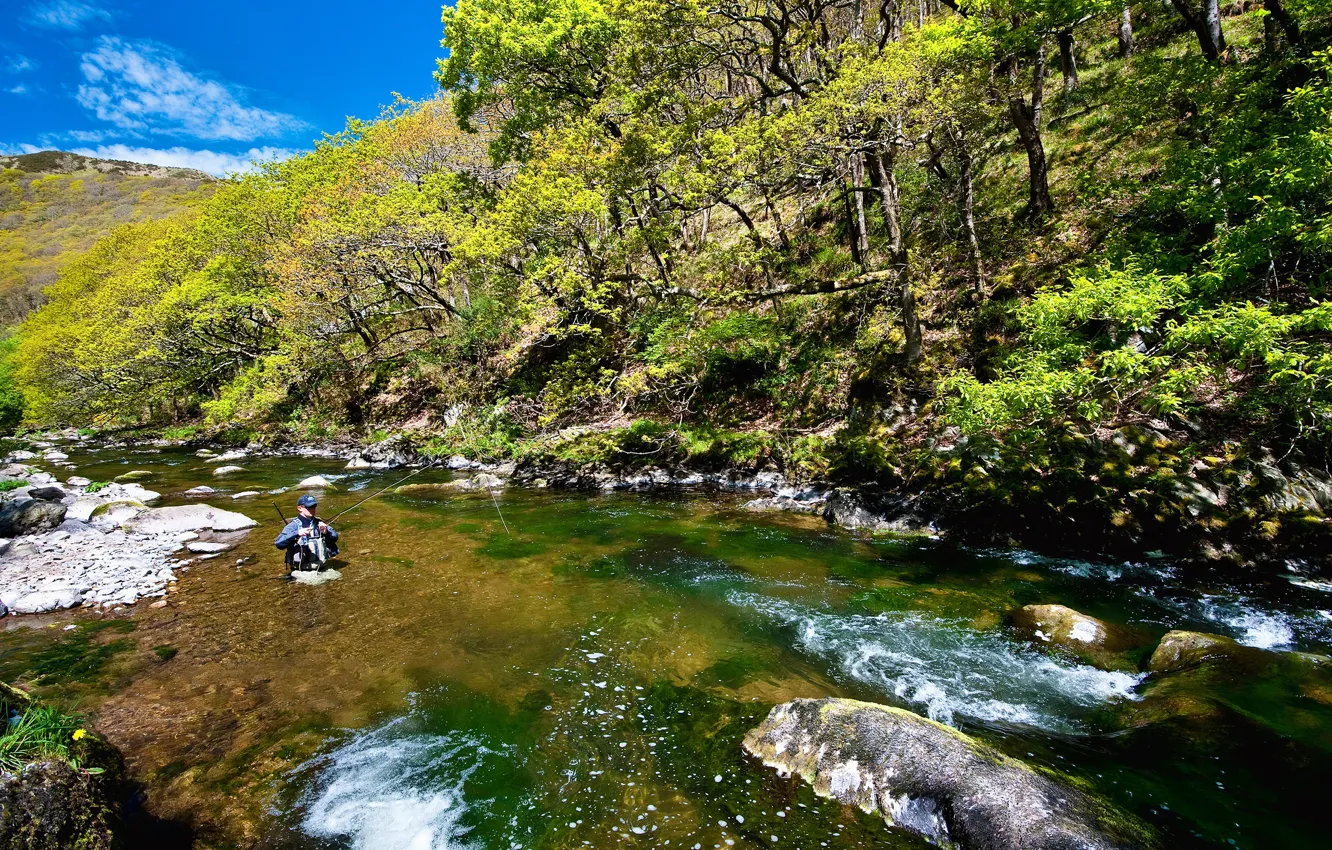 Photo wallpaper greens, the sky, the sun, trees, stones, fisherman, UK, male