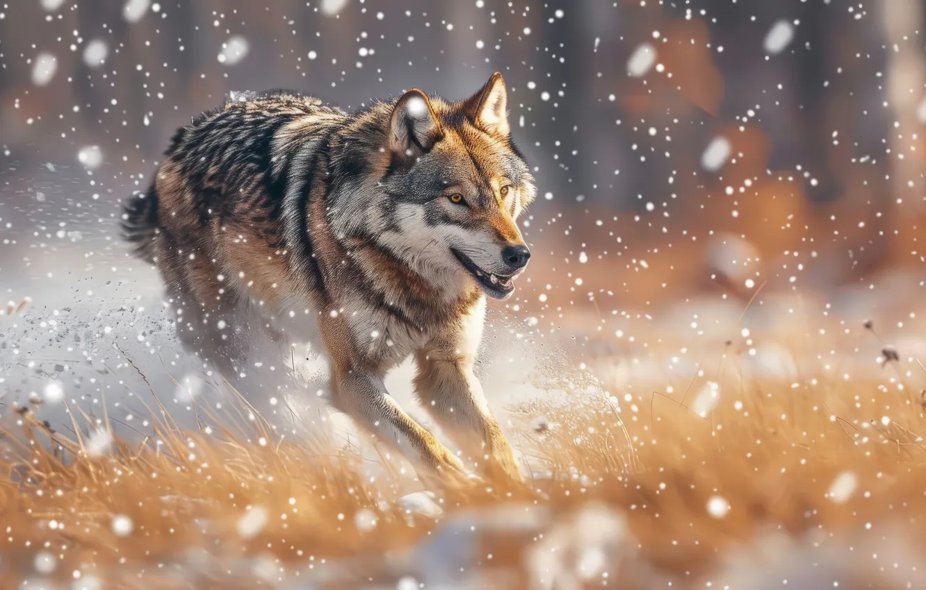 Photo wallpaper Winter, Snow, Wolf, Predator, Digital art, AI art, The Art of Artificial Intelligence, Neural network