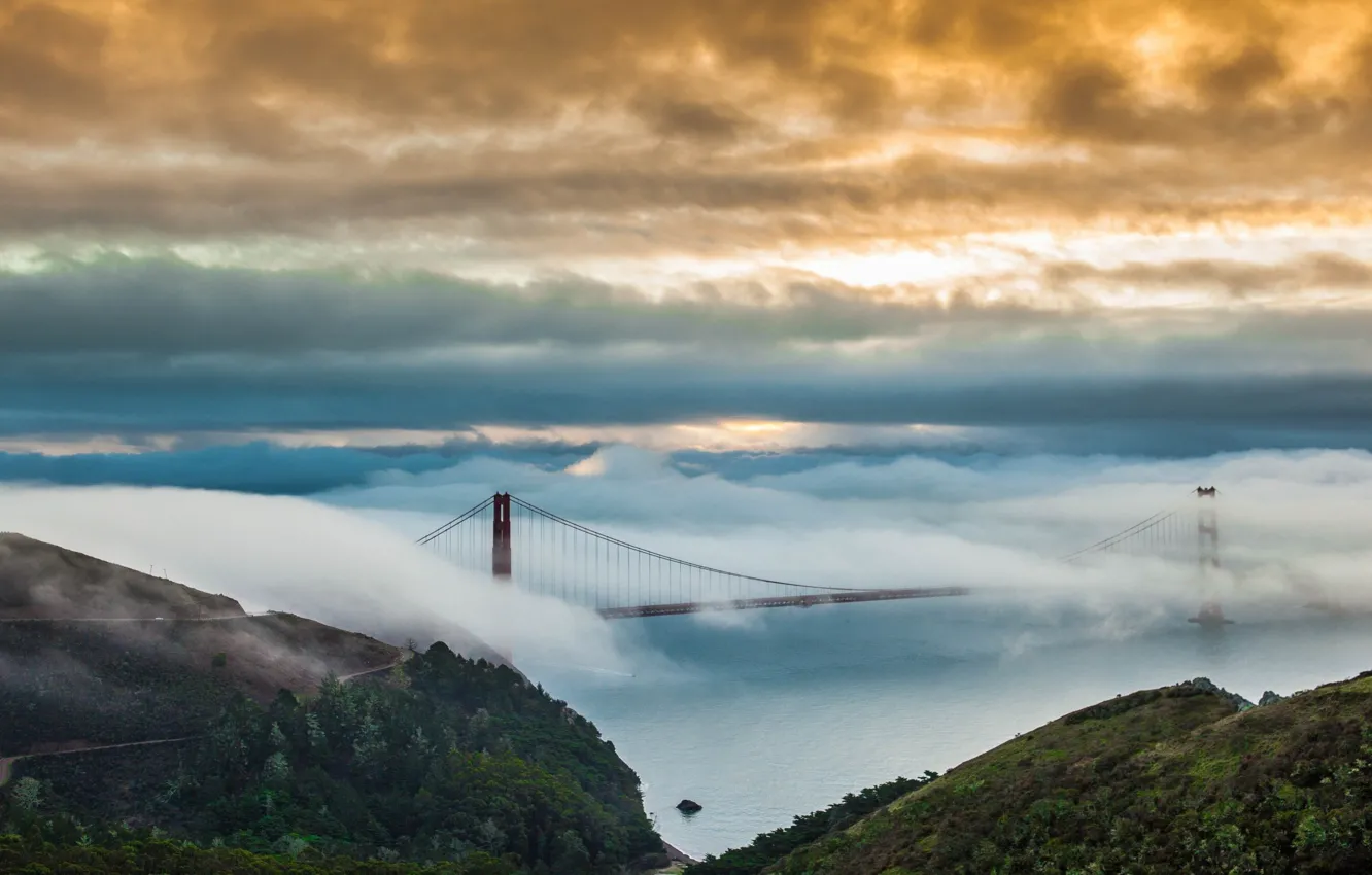 Photo wallpaper the sky, water, clouds, bridge, fog, Golden gate, forest, San Francisco
