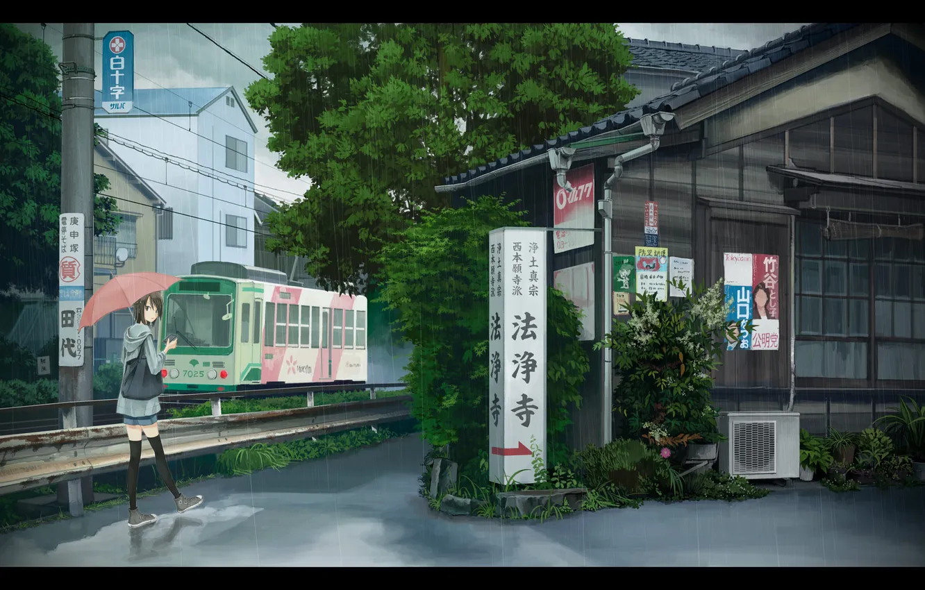 Photo wallpaper the city, umbrella, rain, street, train, anime, girl