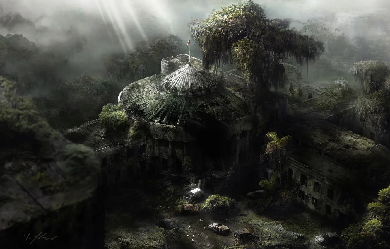 Photo wallpaper machine, the city, thickets, art, ruins, postapokalipsis, abandonment