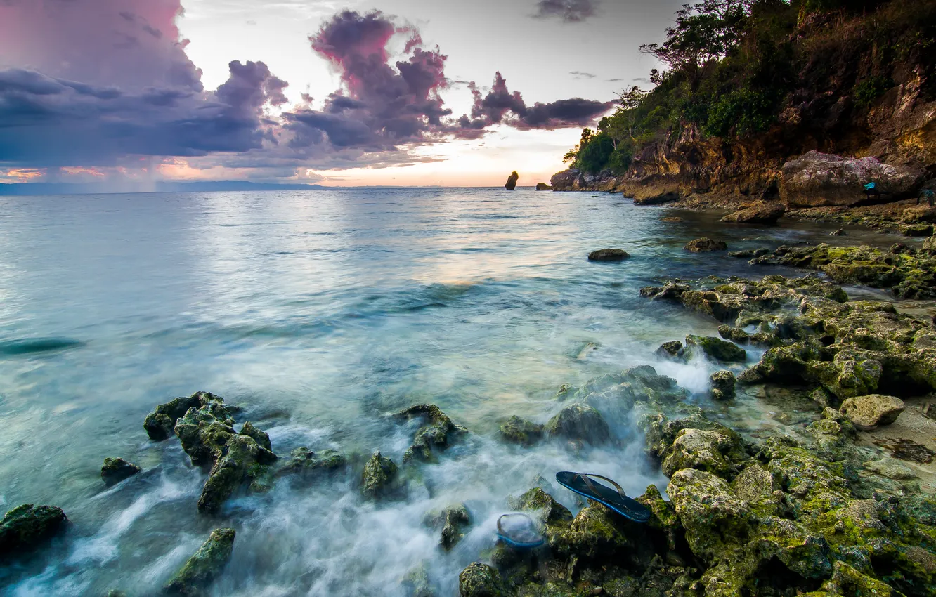 Photo wallpaper sea, sunset, clouds, stones, coast, Philippines, Philippines