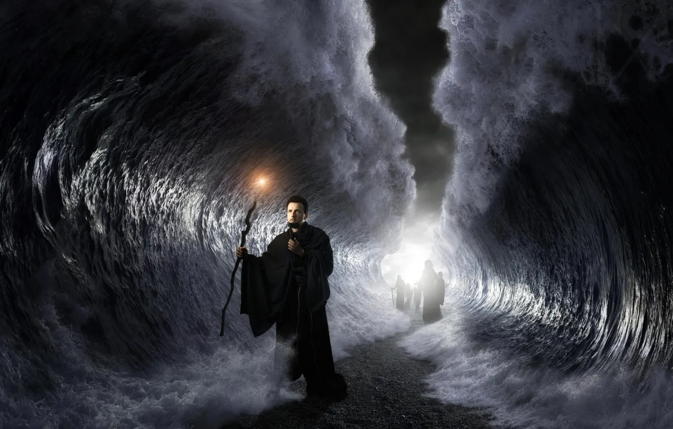 Photo wallpaper road, wave, water, the way, people, corridor, staff, tunnel