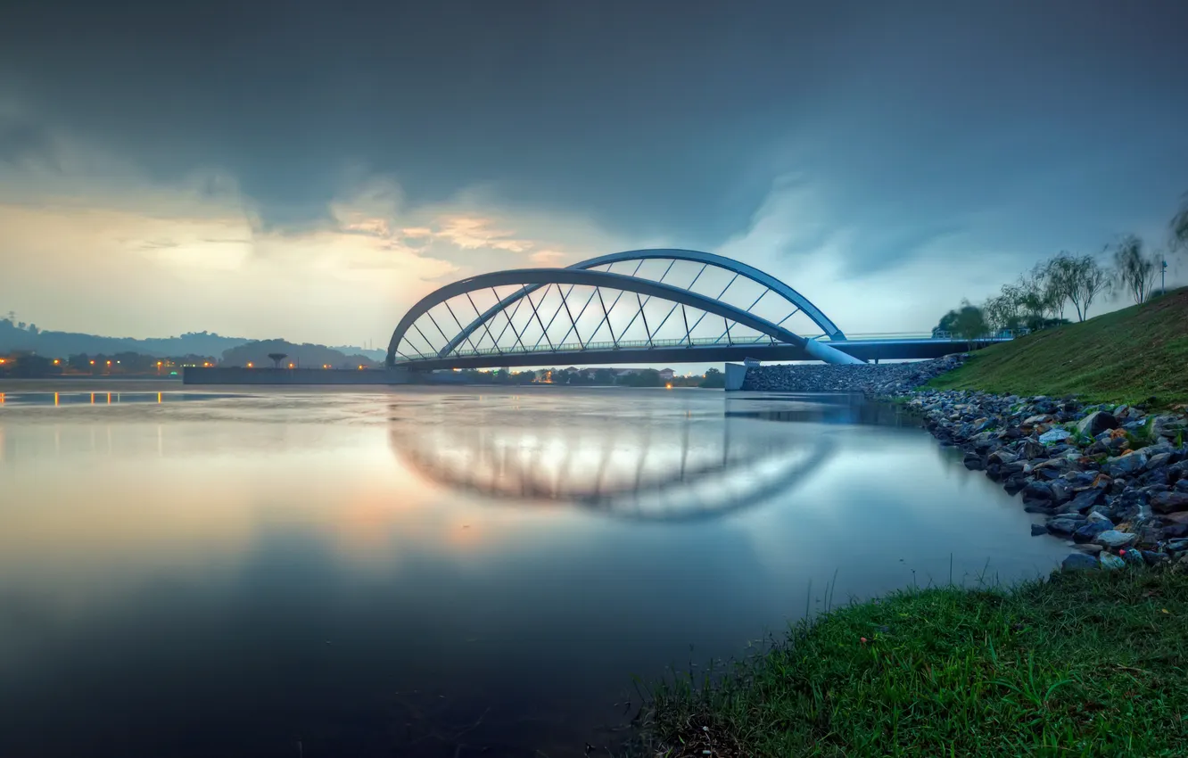 Photo wallpaper bridge, lights, river, the evening, twilight