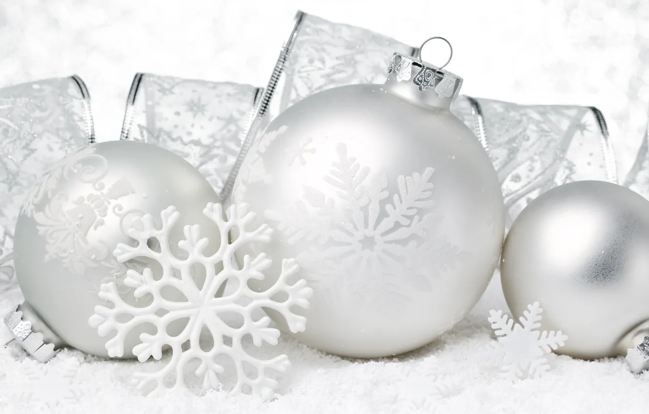 Photo wallpaper winter, balls, snow, decoration, snowflakes, holiday, toy, new year