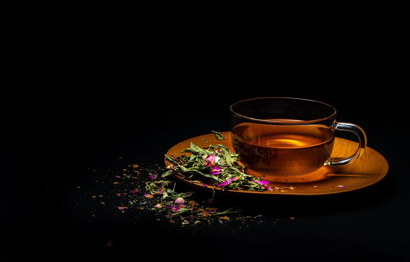 Photo wallpaper leaves, flowers, background, black, tea, Cup, saucer