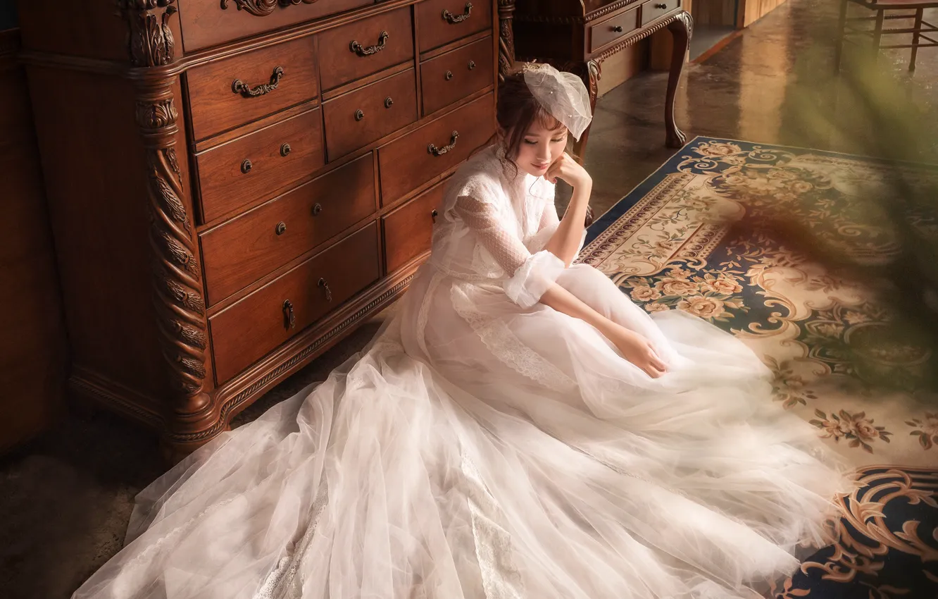 Photo wallpaper white, girl, pose, room, furniture, interior, dress, Asian