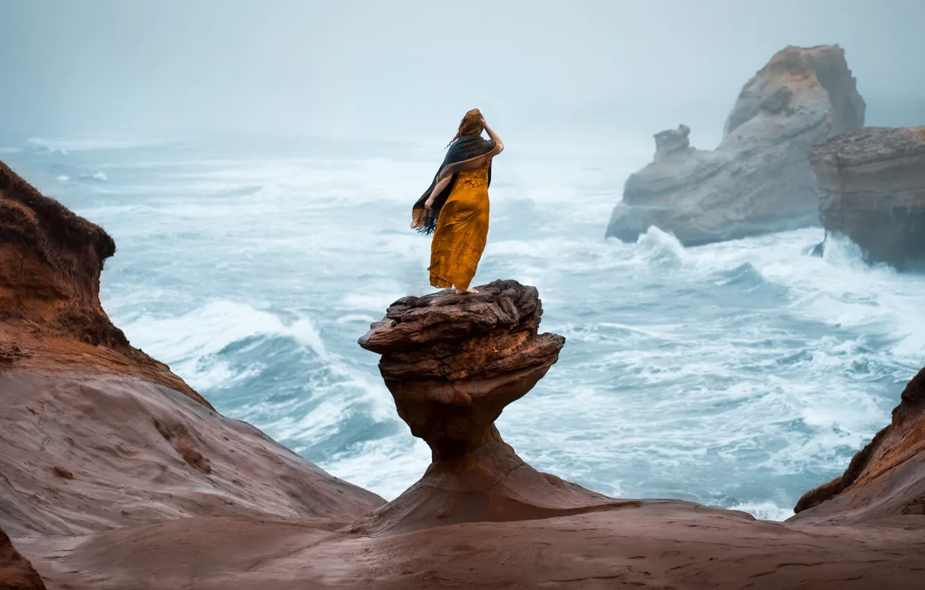 Photo wallpaper sea, wave, girl, nature, pose, fog, overcast, mood