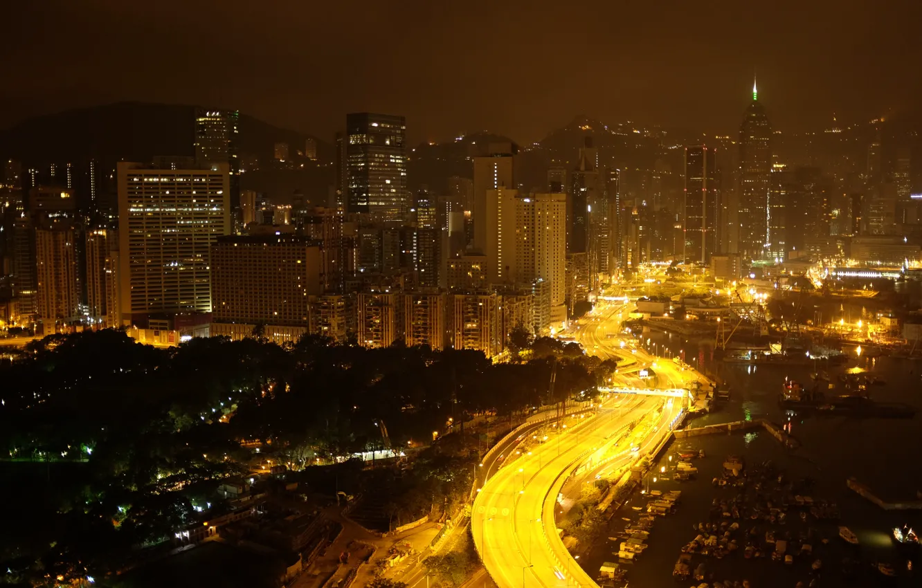 Photo wallpaper China, Road, Hong Kong, Lights, Night, Panorama, Building, China