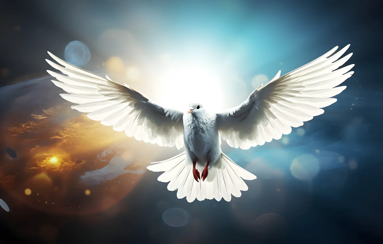 Photo wallpaper white, flight, bird, pigeons, The Dove of Peace, AI art, neural network